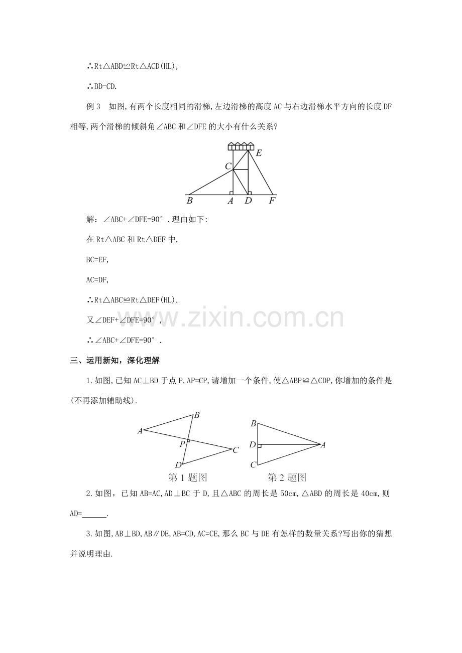 八年级数学上册 第十二章 全等三角形 12.2 三角形全等的判定第4课时 斜边、直角边教案（新版）新人教版-（新版）新人教版初中八年级上册数学教案.doc_第3页