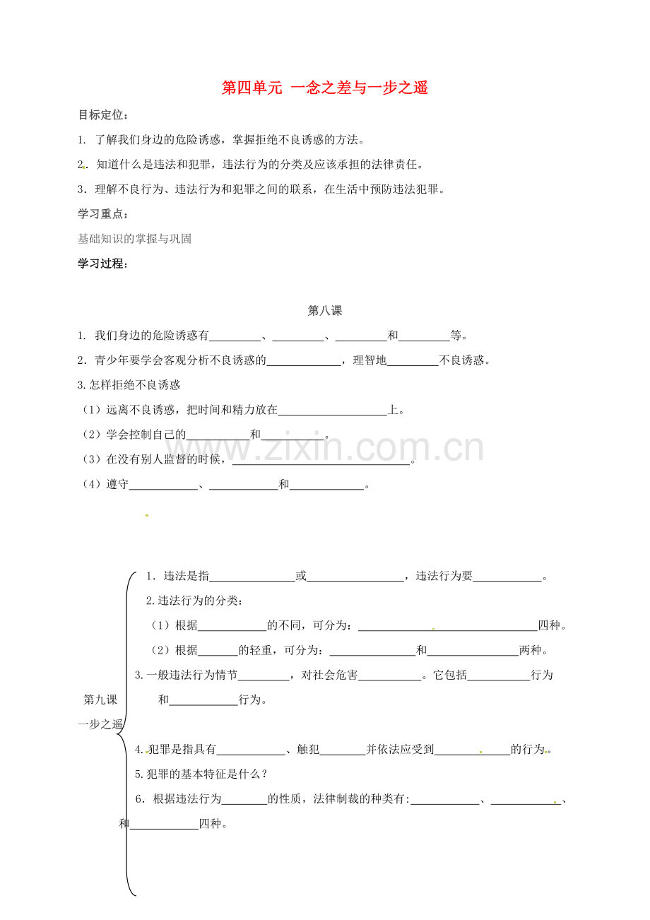 八年级政治上册 第四单元 一念之差与一步之遥复习与小结教案 教科版-教科版初中八年级上册政治教案.doc_第1页