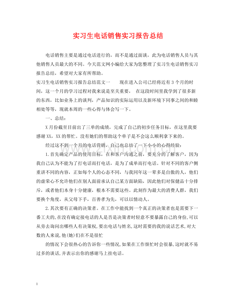 实习生电话销售实习报告总结.docx_第1页