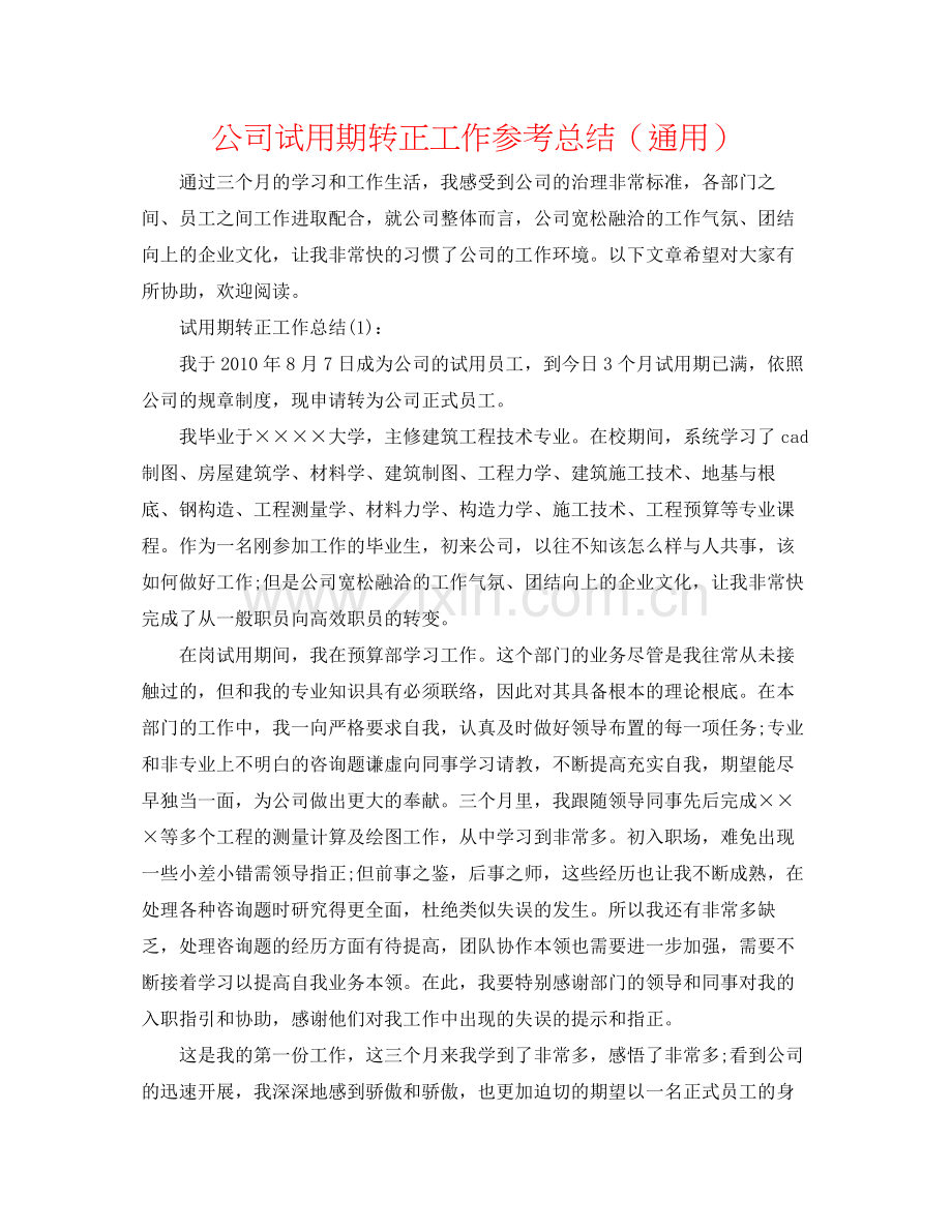 公司试用期转正工作参考总结（通用）.docx_第1页