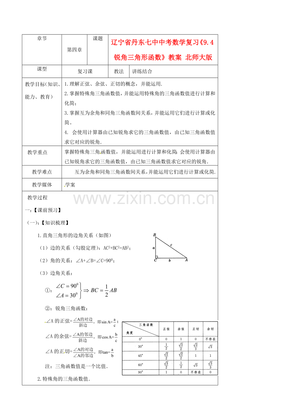 辽宁省丹东七中中考数学复习《9.4锐角三角形函数》教案 北师大版.doc_第1页