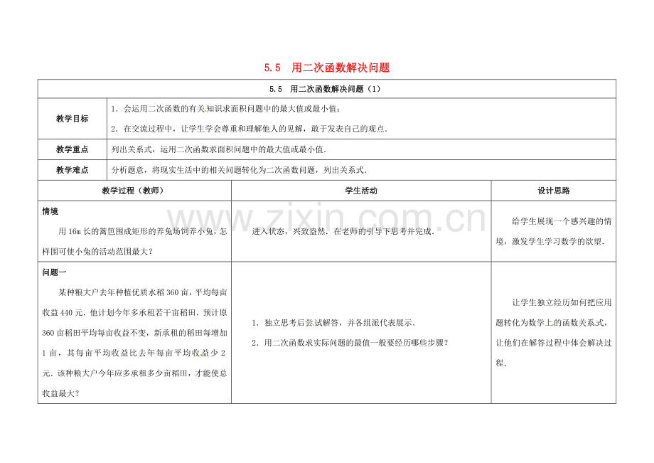 江苏省徐州市铜山县九年级数学下册 第5章 二次函数 5.5 用二次函数解决问题（1）教案 （新版）苏科版-（新版）苏科版初中九年级下册数学教案.doc_第1页