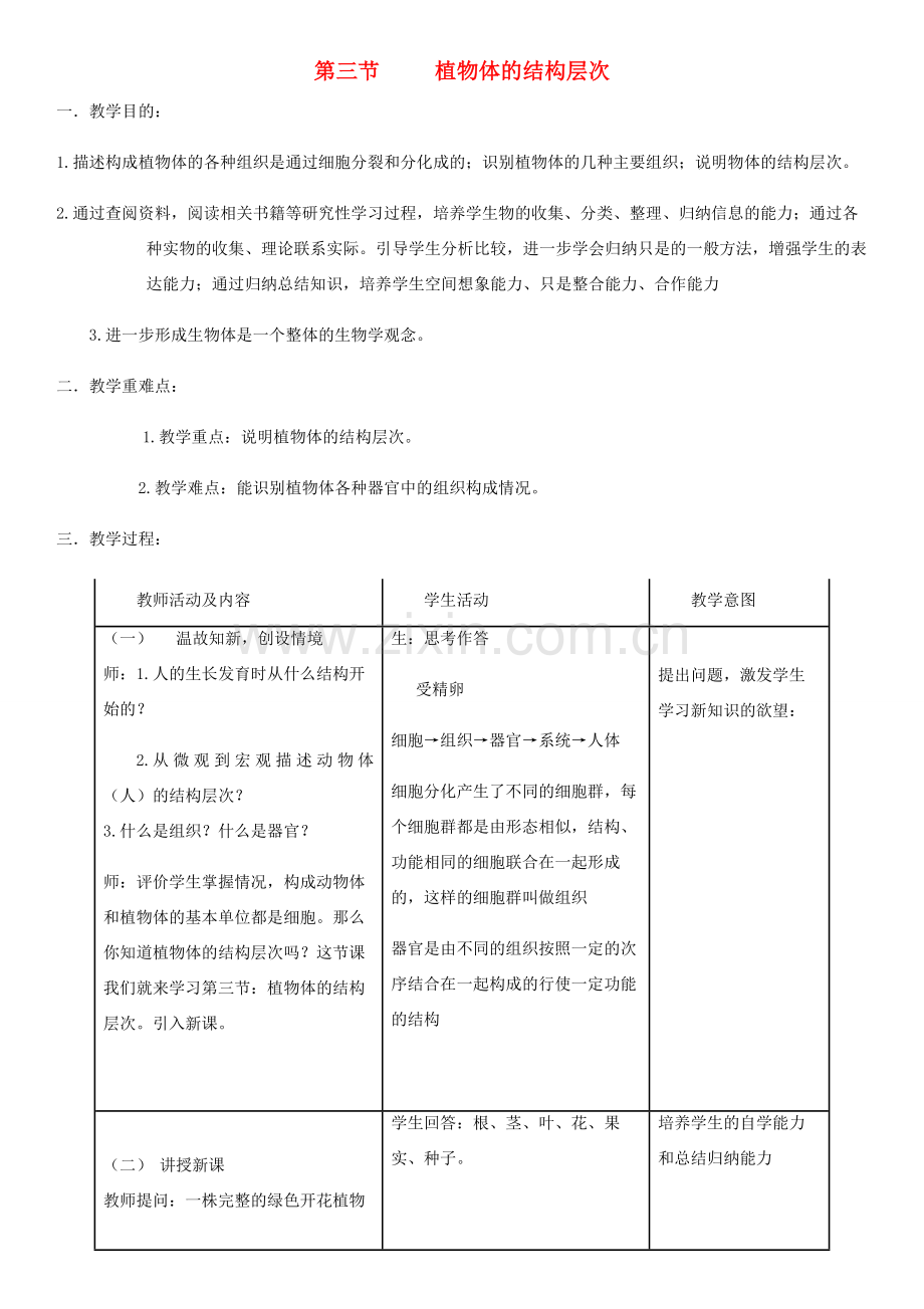 七年级生物上册 第2单元 第2章 第3节 植物体的结构层次教案 （新版）新人教版-（新版）新人教版初中七年级上册生物教案.doc_第1页