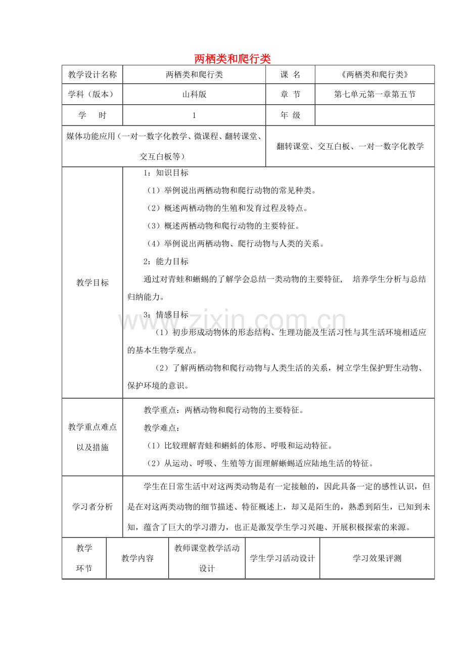 八年级生物上册 第七单元 第一章 第五节 两栖类和爬行类教学设计 鲁科版（五四制）-鲁科版初中八年级上册生物教案.doc_第1页