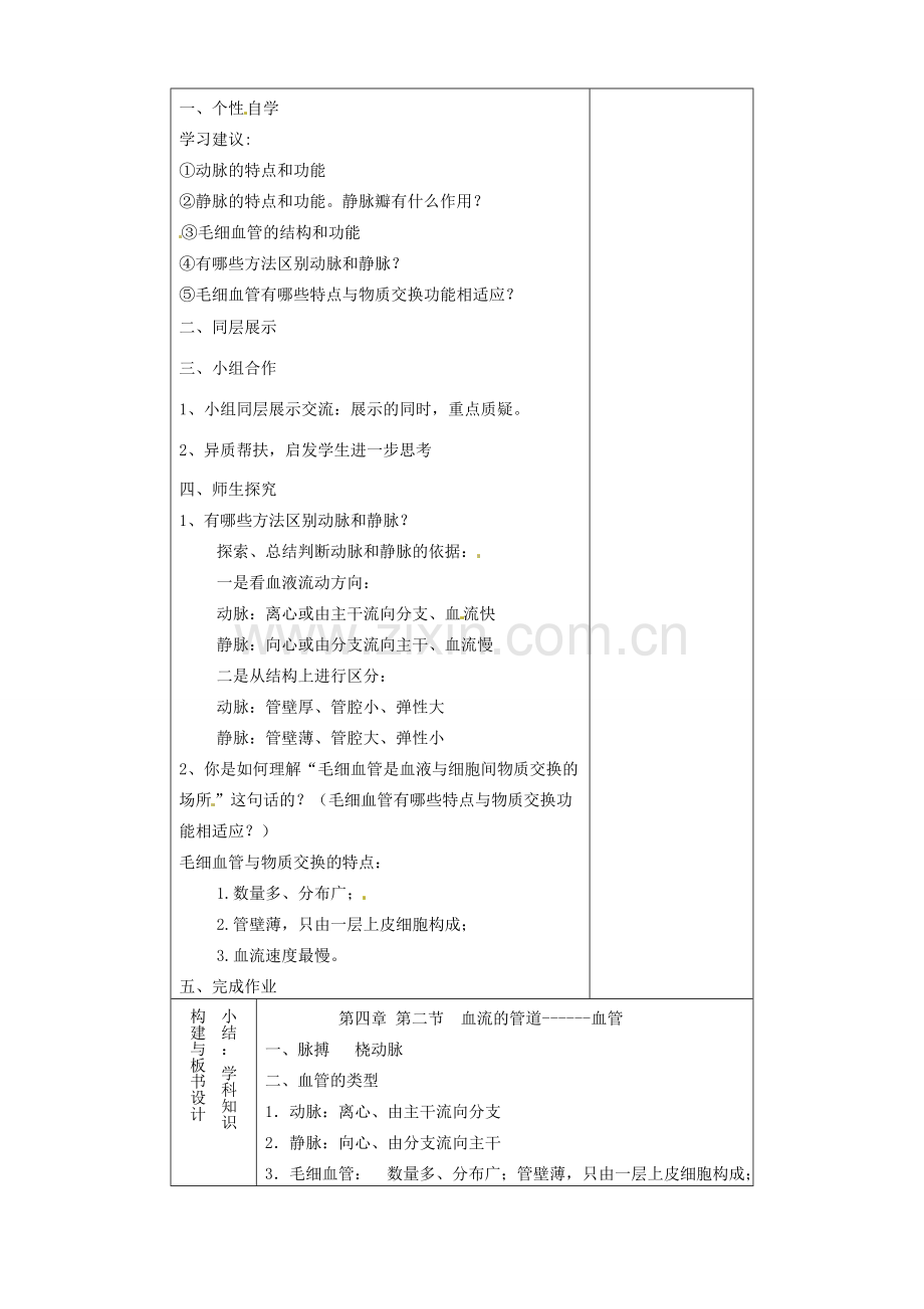 山东省淄博市临淄区第八中学七年级生物下册 4.2 血流的管道—血管教案 新人教版.doc_第2页