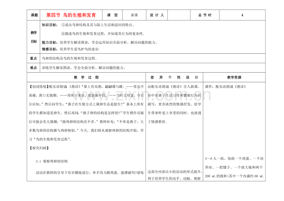 吉林省长春市第一零四中学八年级生物下册 第七单元 第一章 第四节 鸟的生殖和发育教案 新人教版.doc_第1页