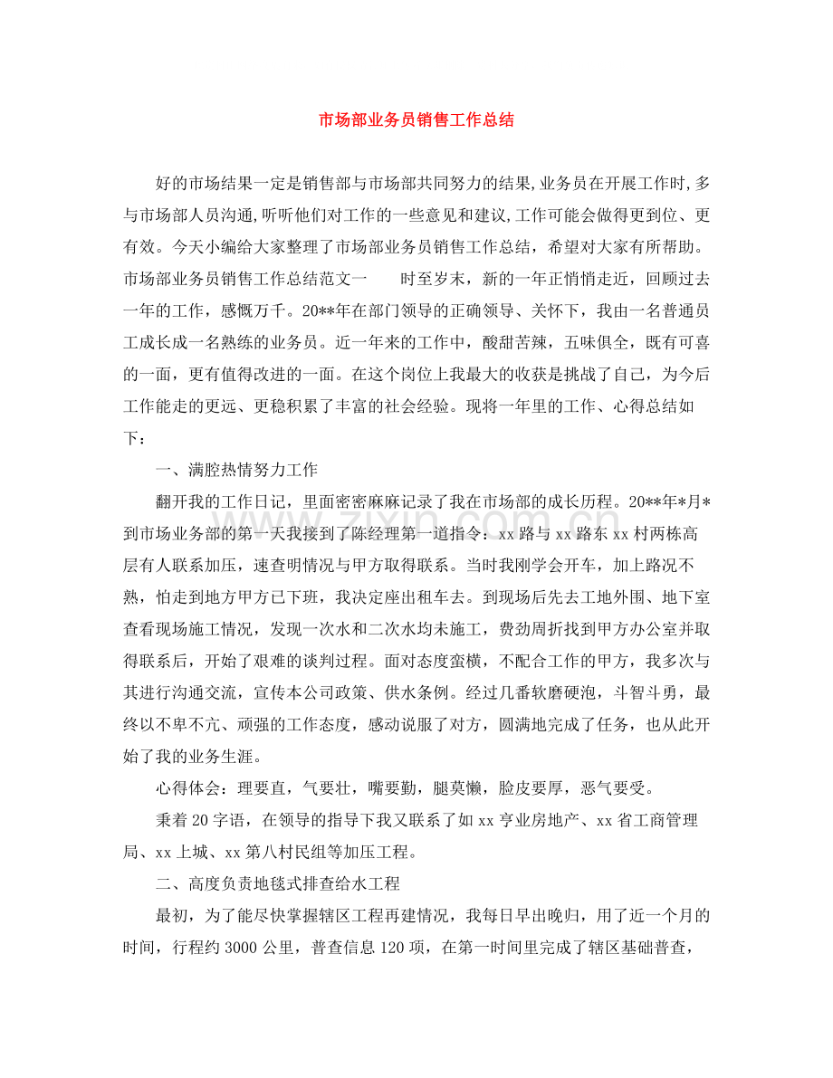 市场部业务员销售工作总结.docx_第1页