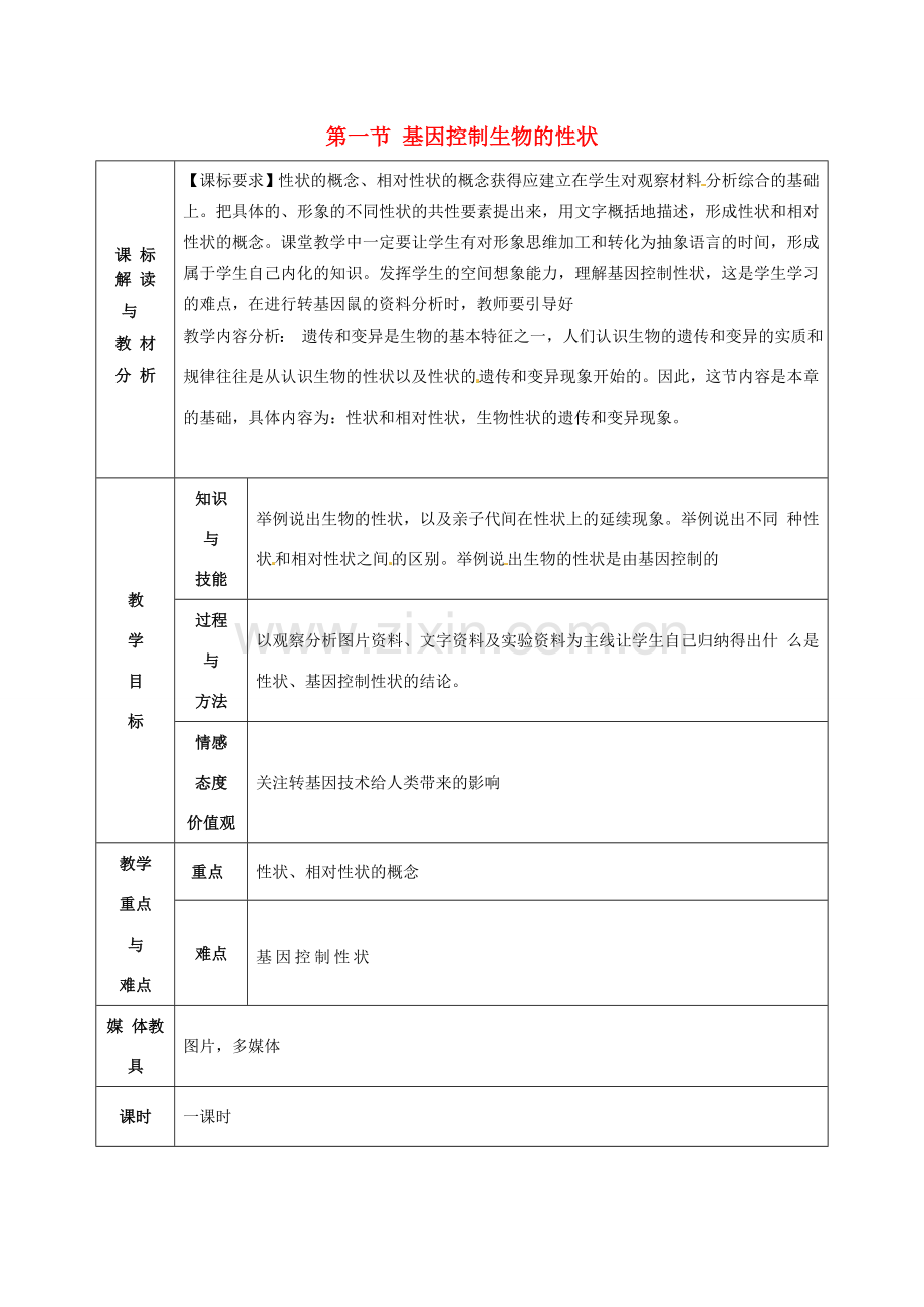 甘肃省武威第十一中学八年级生物下册《第七单元 第二章 第一节 基因控制生物的性状》教案 新人教版.doc_第1页