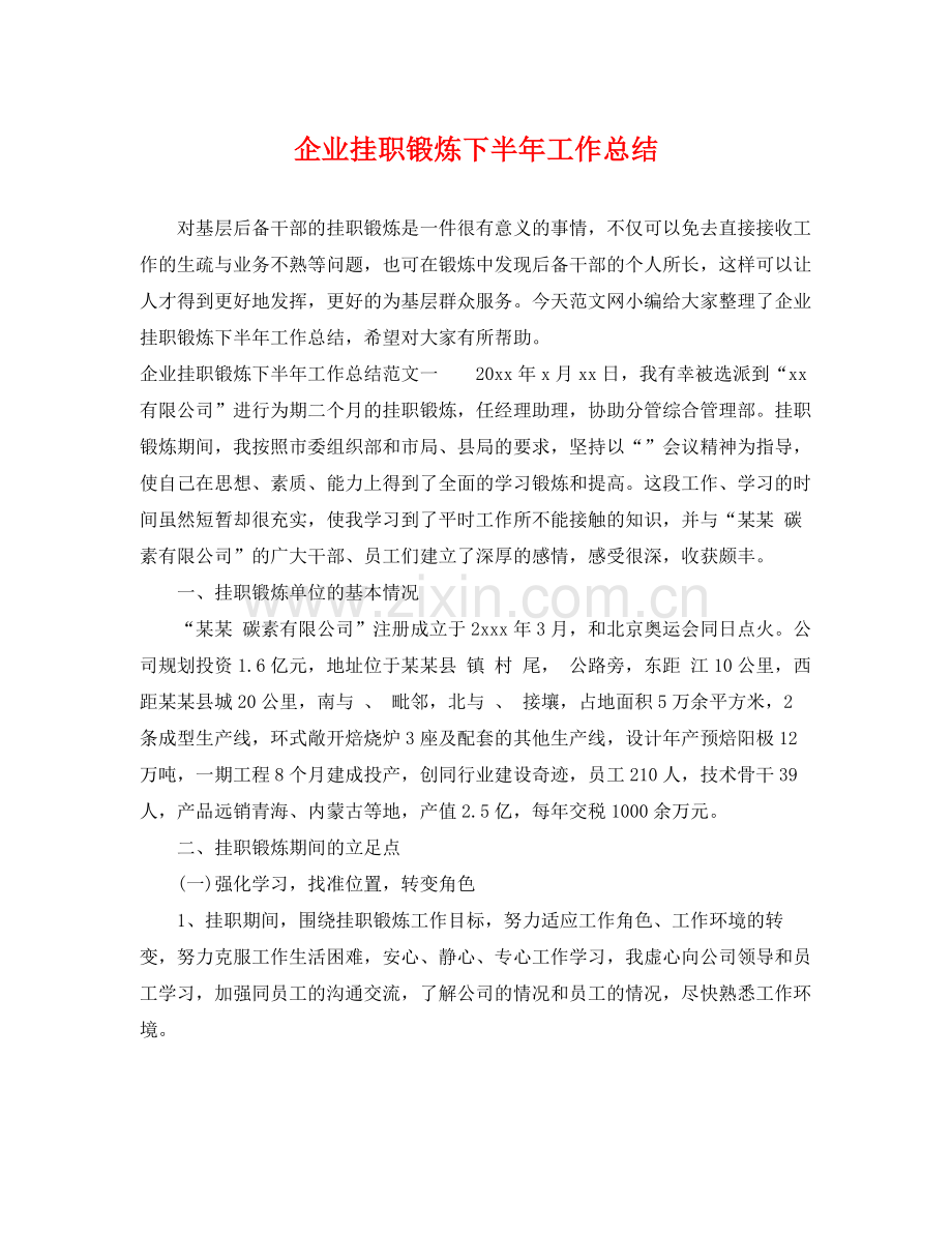 企业挂职锻炼下半年工作总结 .docx_第1页