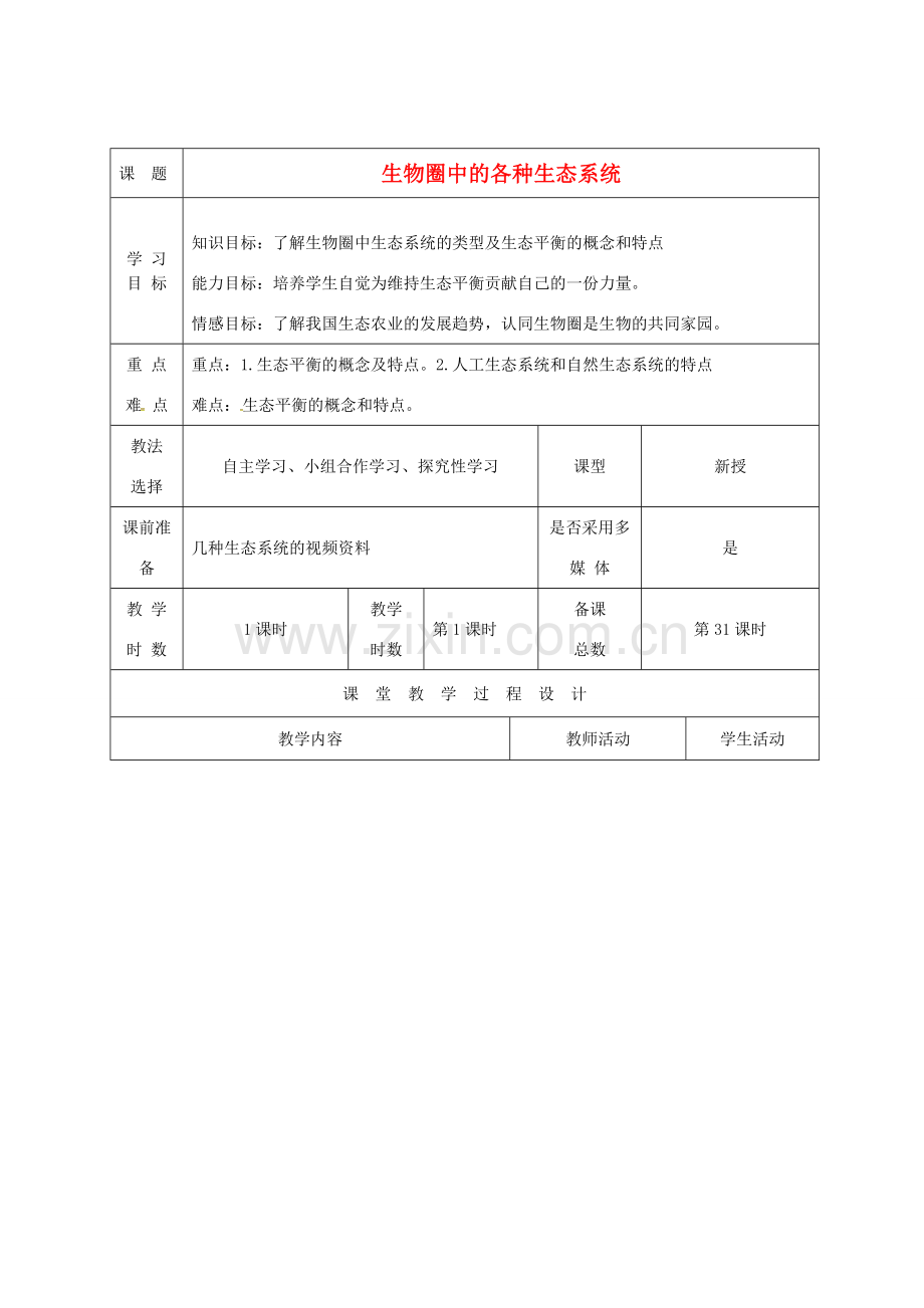 八年级生物上册 20.1 生物圈中的各种生态系统教案 （新版）苏教版-（新版）苏教版初中八年级上册生物教案.doc_第1页