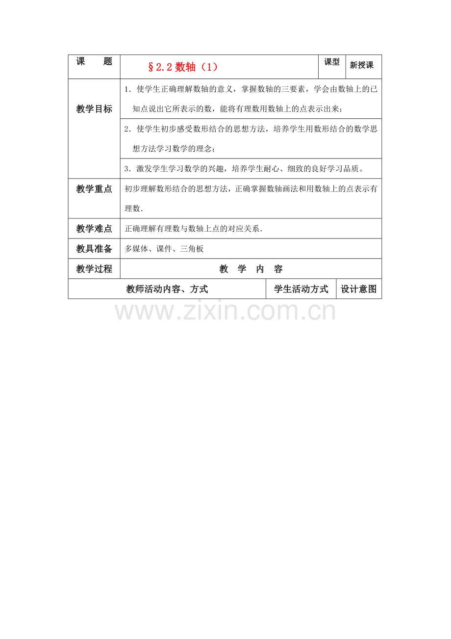 苏科版数学七年级上册2.2数轴（一）教案.doc_第1页