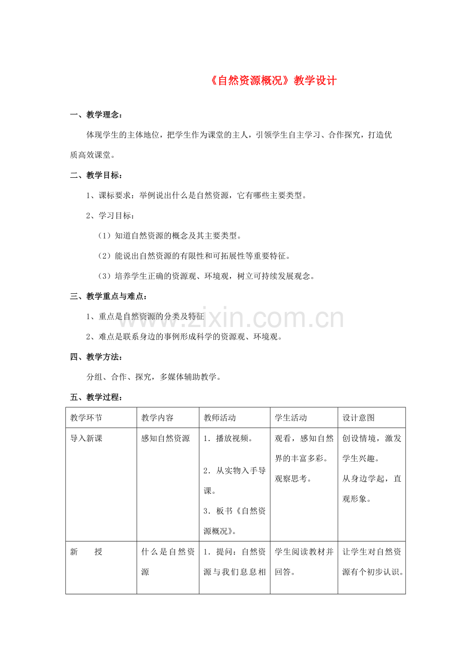 八年级地理上册 第三章第一节《自然资源概况》教案 湘教版.doc_第1页