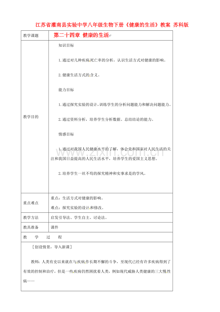 江苏省灌南县实验中学八年级生物下册《健康的生活》教案 苏科版.doc_第1页