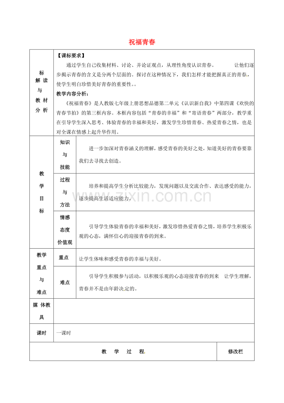 甘肃省武威第十一中学七年级政治上册 2.4.3 祝福青春教案 新人教版.doc_第1页