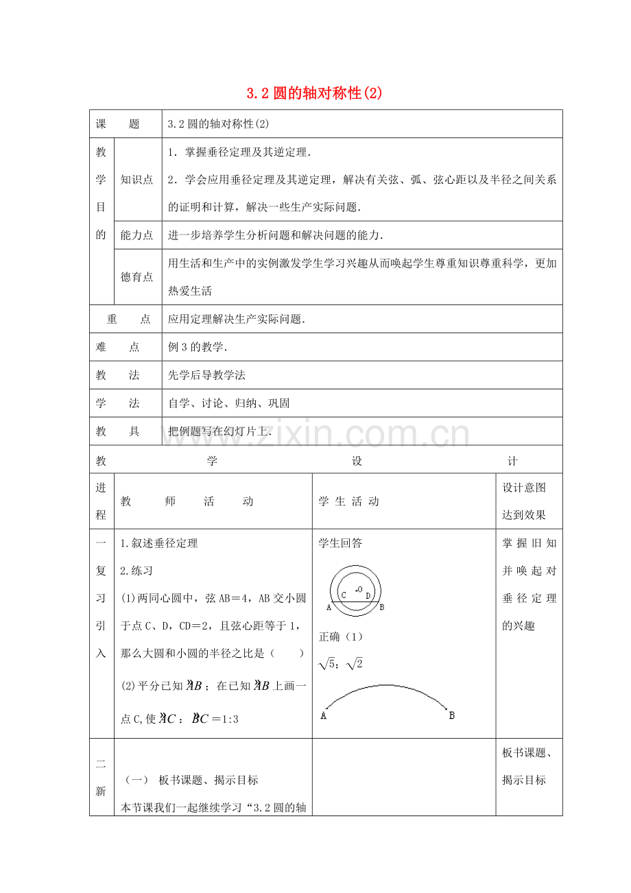 浙江省慈溪市横河初级中学九年级数学上册 3.2圆的轴对称性教案（2） 浙教版.doc_第1页