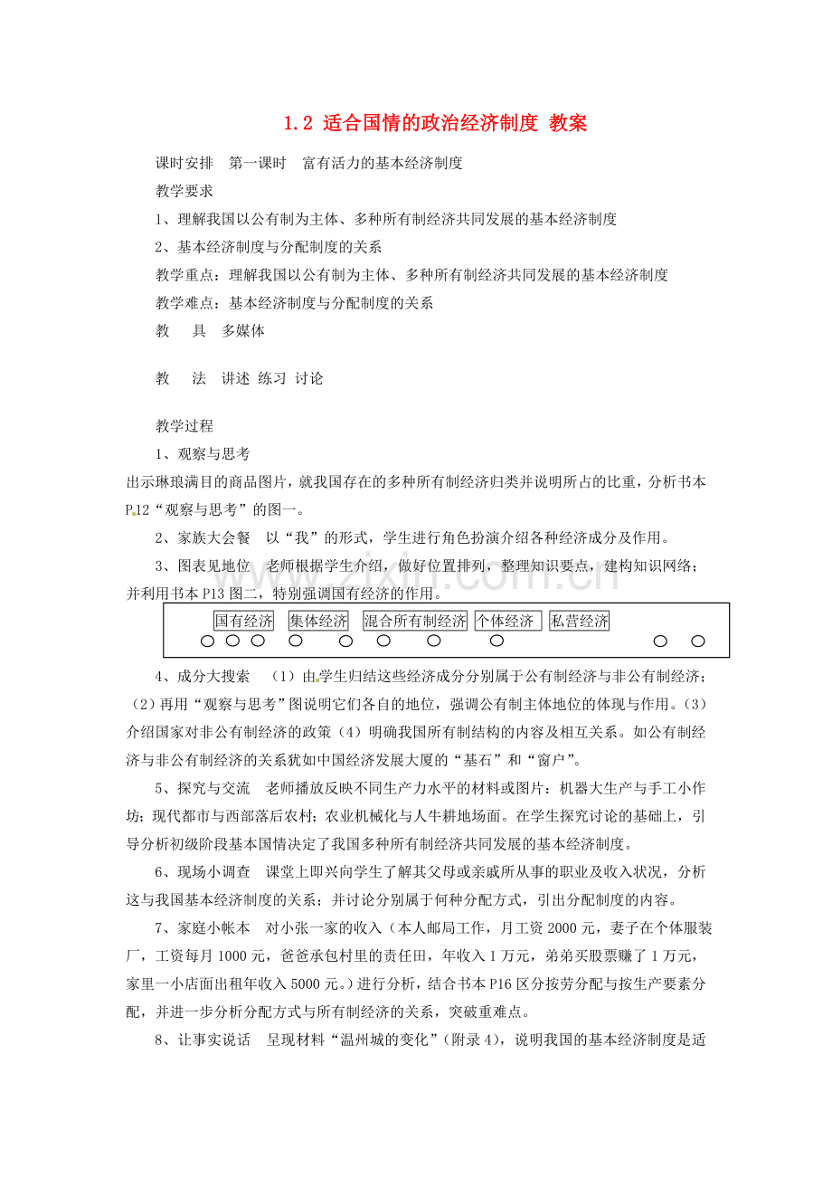 九年级政治 1.2 适合国情的政治经济制度教案 粤教版.doc_第1页