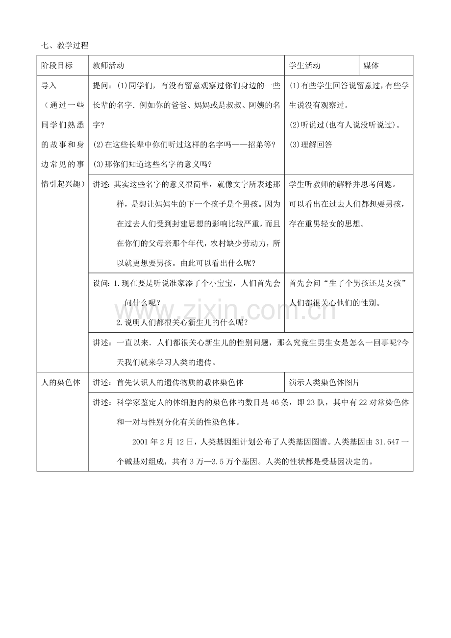 八年级生物上册 第十三章 第三节 人类的遗传教案 北京课改版.doc_第3页