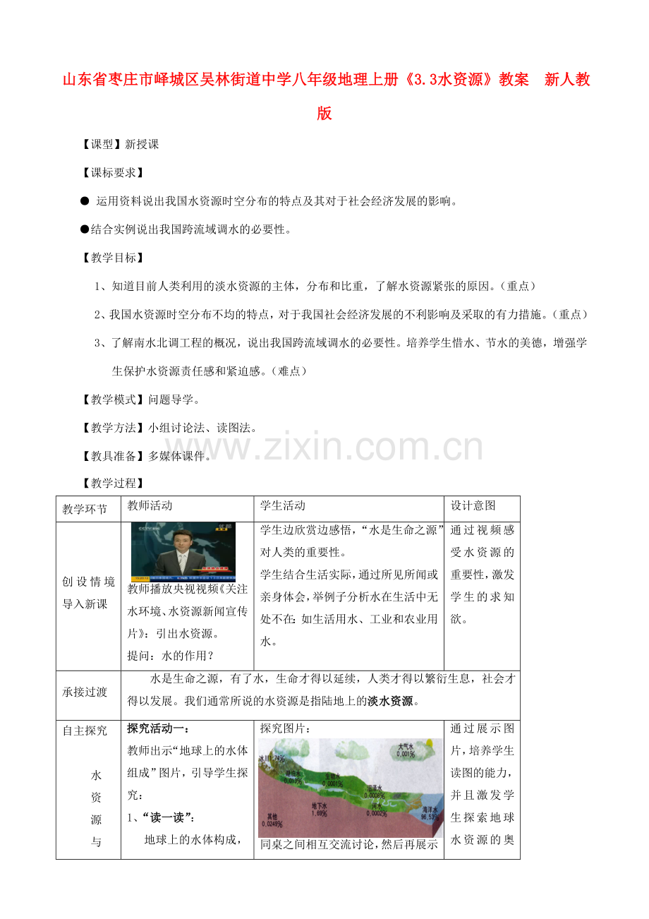 山东省枣庄市峄城区吴林街道中学八年级地理上册《3.3 水资源》教案新人教版.doc_第1页