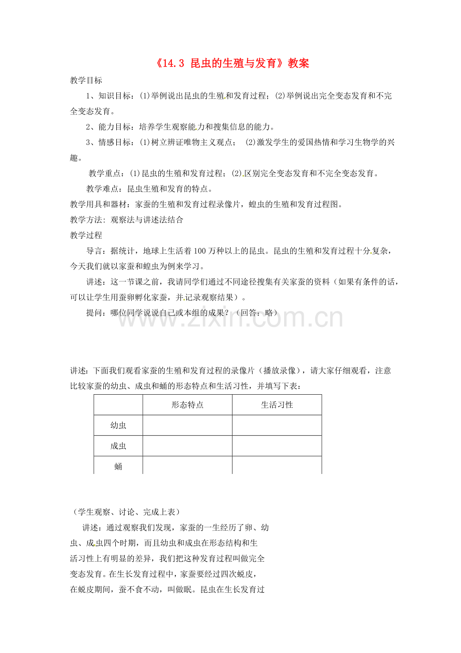 江苏省东台市唐洋镇中学八年级生物上册《14.3 昆虫的生殖与发育》教案 苏教版.doc_第1页