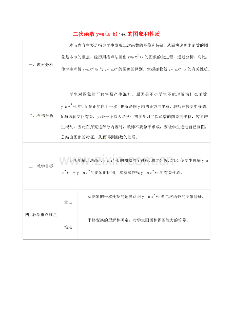 陕西省安康市石泉县池河镇九年级数学上册 22.1.3 二次函数ya(x-h)k的图象和性质（第1课时）教案 （新版）新人教版-（新版）新人教版初中九年级上册数学教案.doc_第1页