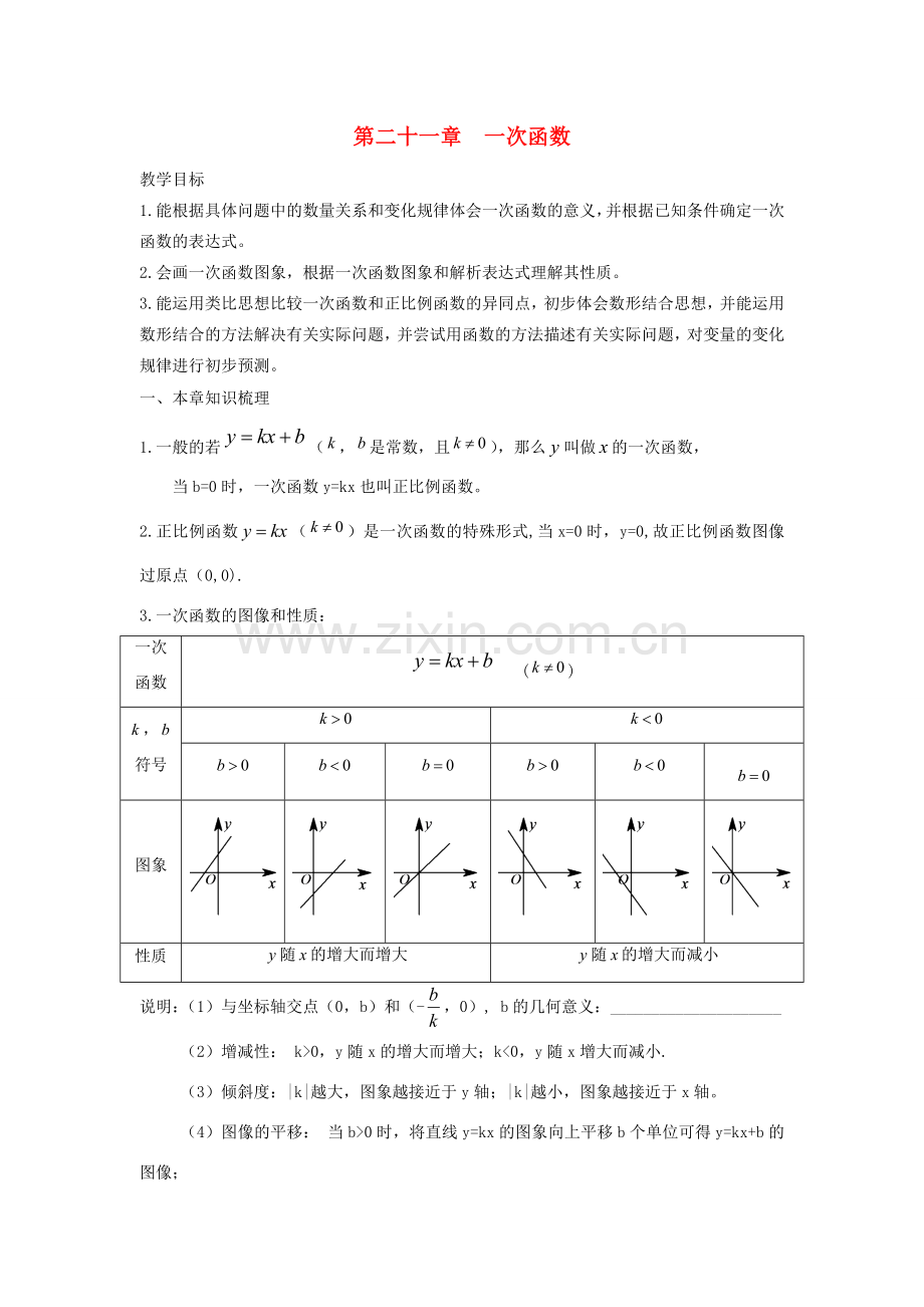 秋八年级数学下册 第二十一章 一次函数复习教案（新版）冀教版-（新版）冀教版初中八年级下册数学教案.doc_第1页