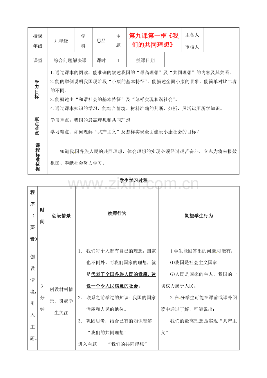 内蒙古鄂尔多斯市东胜区培正中学九年级政治全册 9.1 我们的共同理想教学案 新人教版.doc_第1页