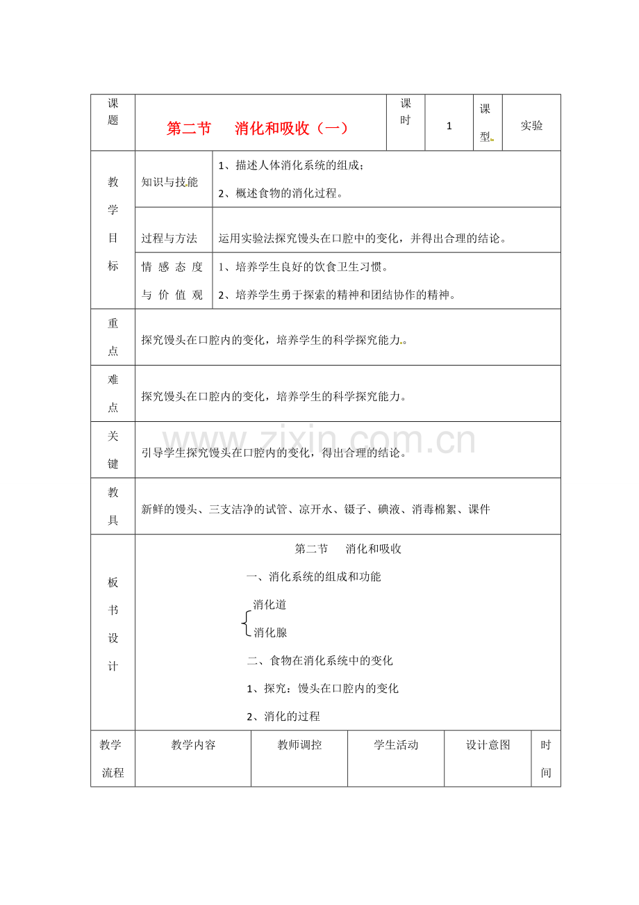 辽宁省大连市第四十二中学七年级生物下册 第二章 第二节 消化和吸收（一）教案 新人教版.doc_第1页