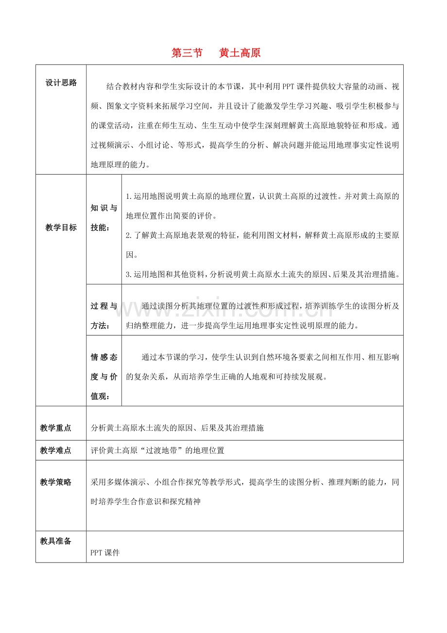 八年级地理下册 6.3 黄土高原教案（1）（新版）商务星球版-（新版）商务星球版初中八年级下册地理教案.doc_第1页