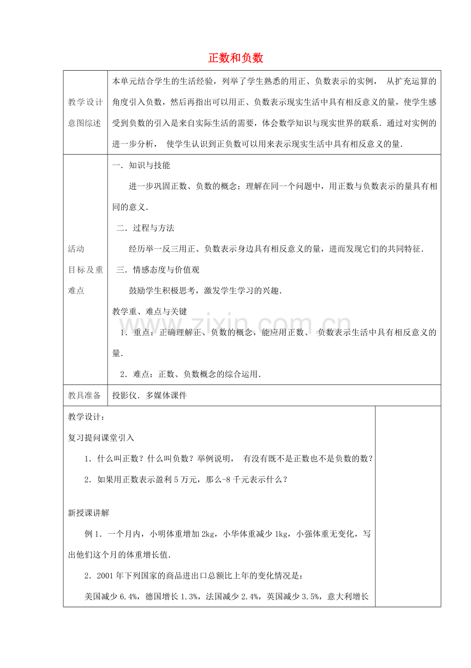 七年级数学上册 1.1 正数和负数（第2课时）教学设计 （新版）新人教版-（新版）新人教版初中七年级上册数学教案.doc_第1页