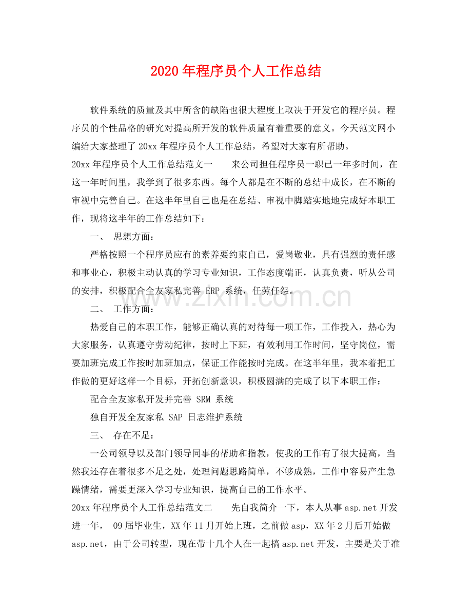 2020年程序员个人工作总结 .docx_第1页