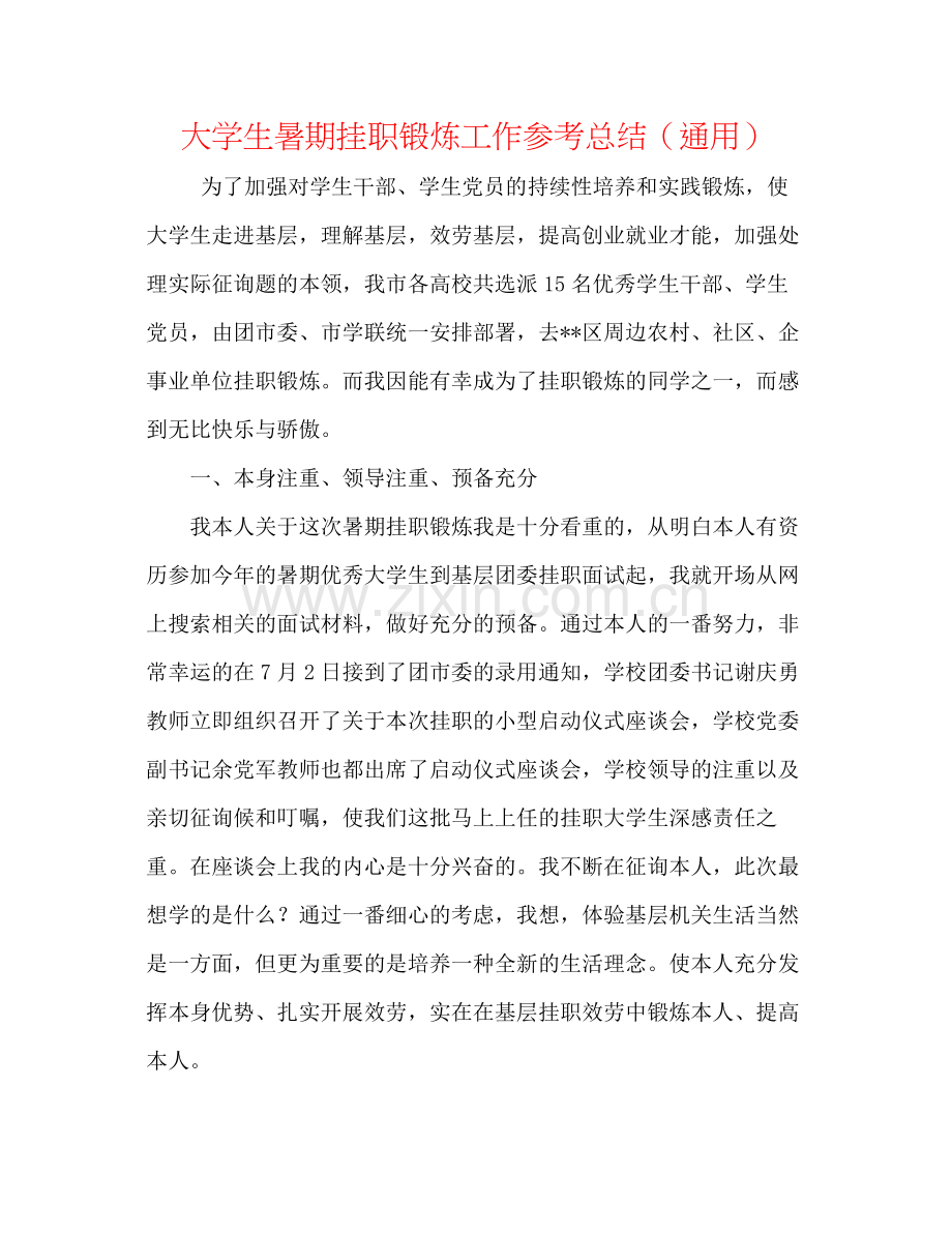 大学生暑期挂职锻炼工作参考总结（通用）.docx_第1页