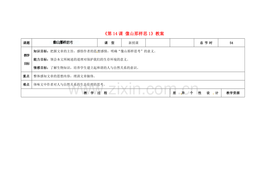 吉林省长春市第104中学八年级语文下册《第14课 像山那样思》教案1 长春版.doc_第1页