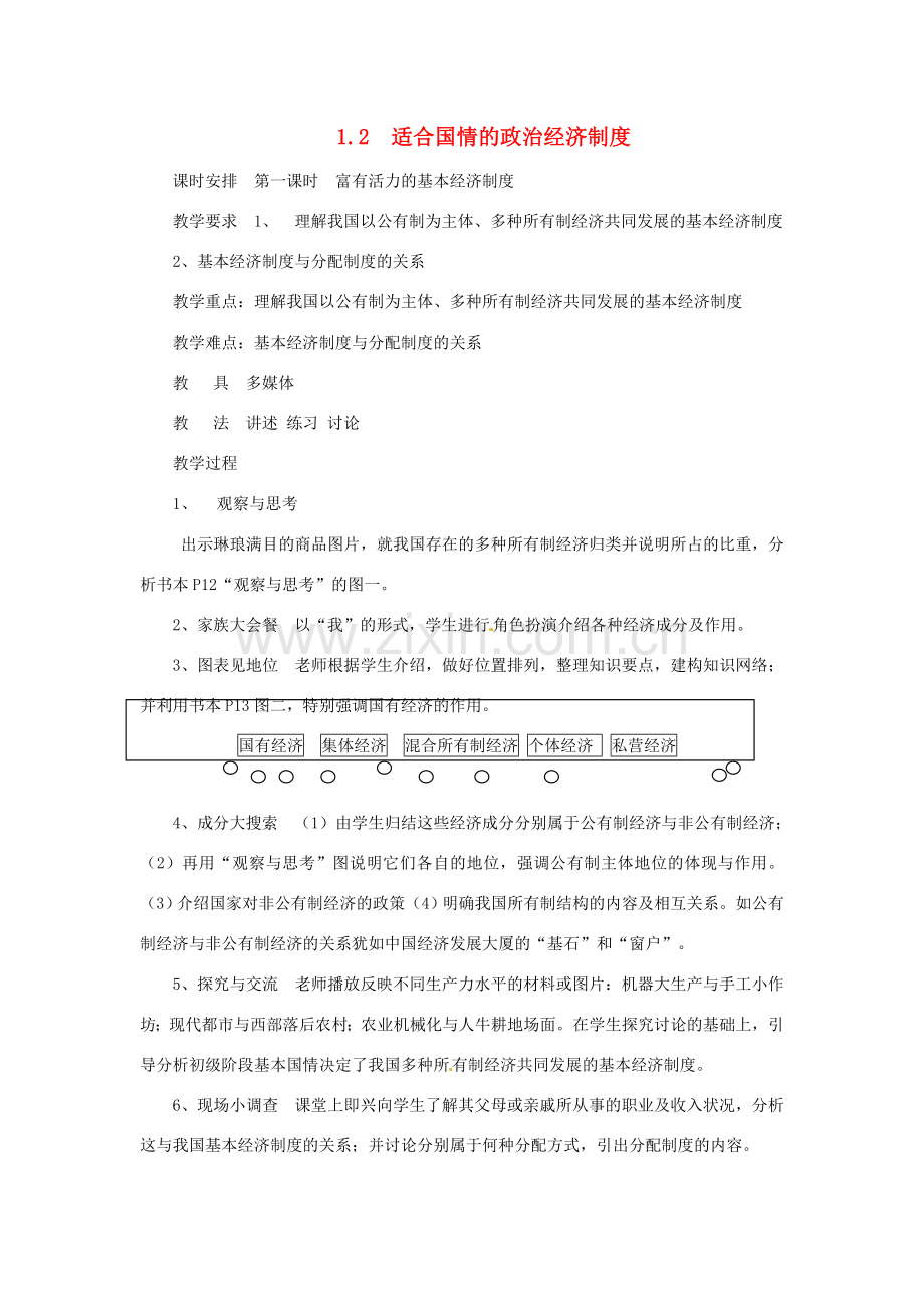 浙江省九年级政治全册 第一单元 认识国情 了解制度 1.2《适合国情的政治经济制度》教案 （新版）粤教版-（新版）粤教版初中九年级全册政治教案.doc_第1页