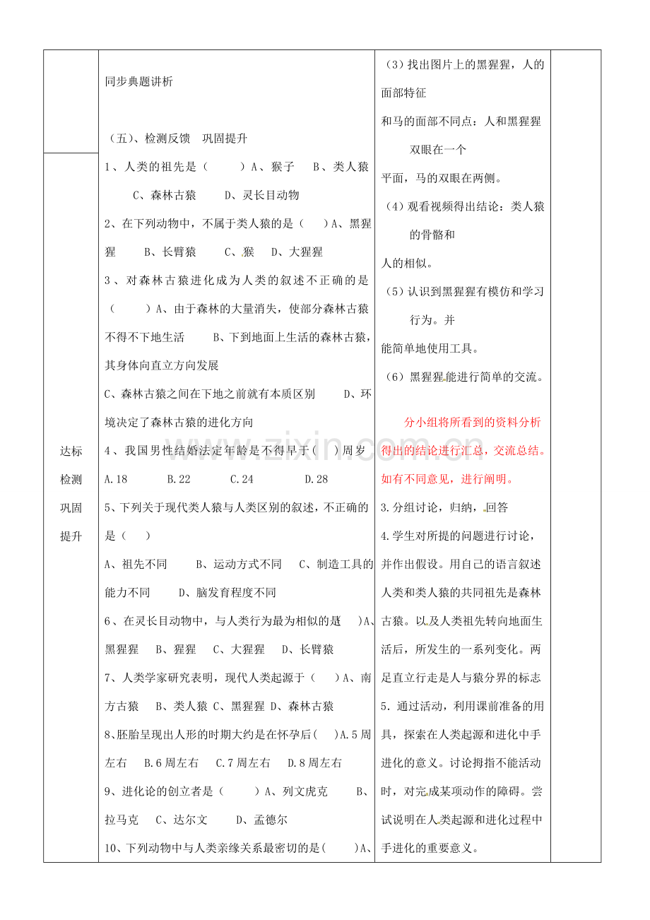 山东省临沂市蒙阴县第四中学七年级生物下册 第四单元 第一章 人的由来复习教案 （新版）新人教版.doc_第3页