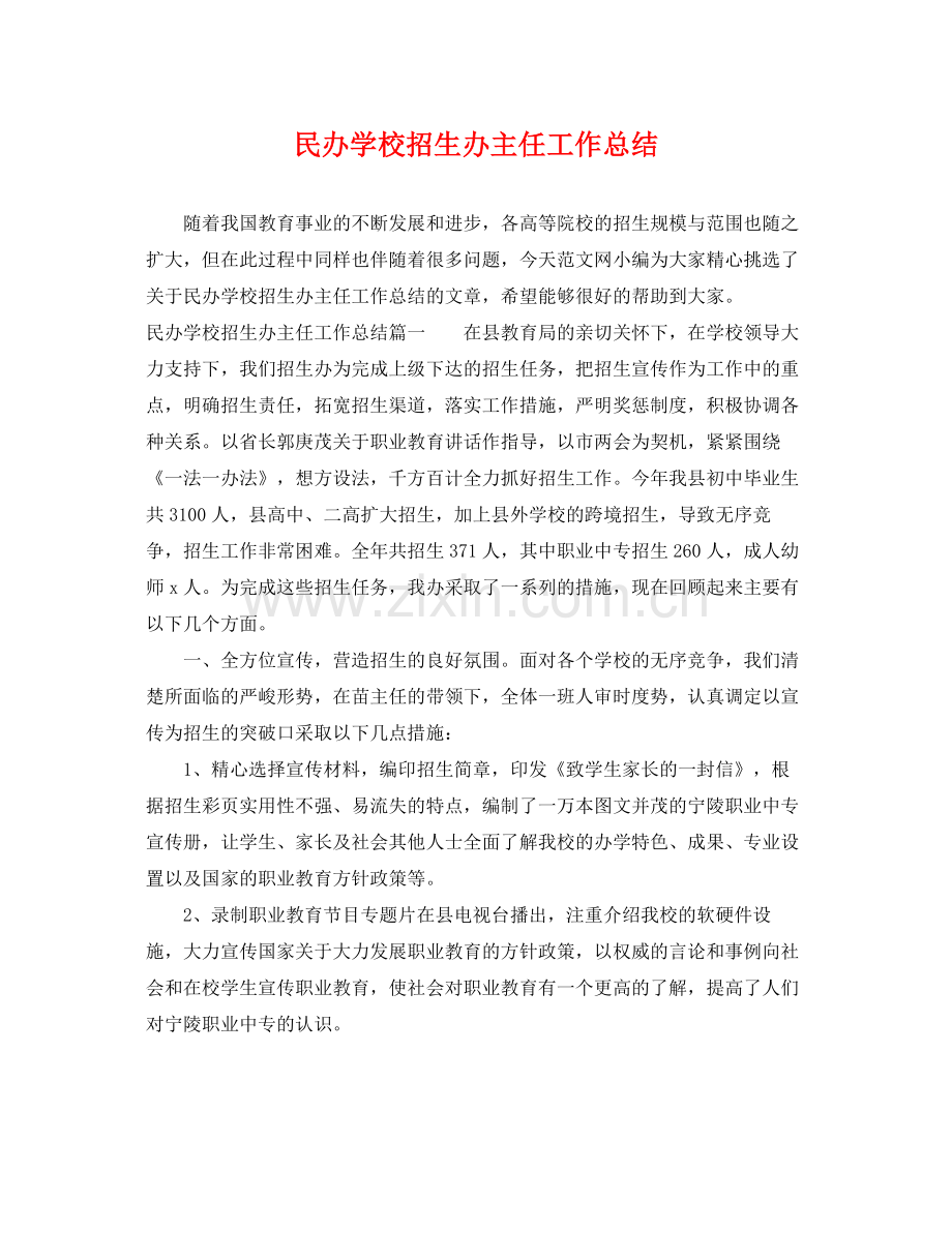 民办学校招生办主任工作总结 .docx_第1页