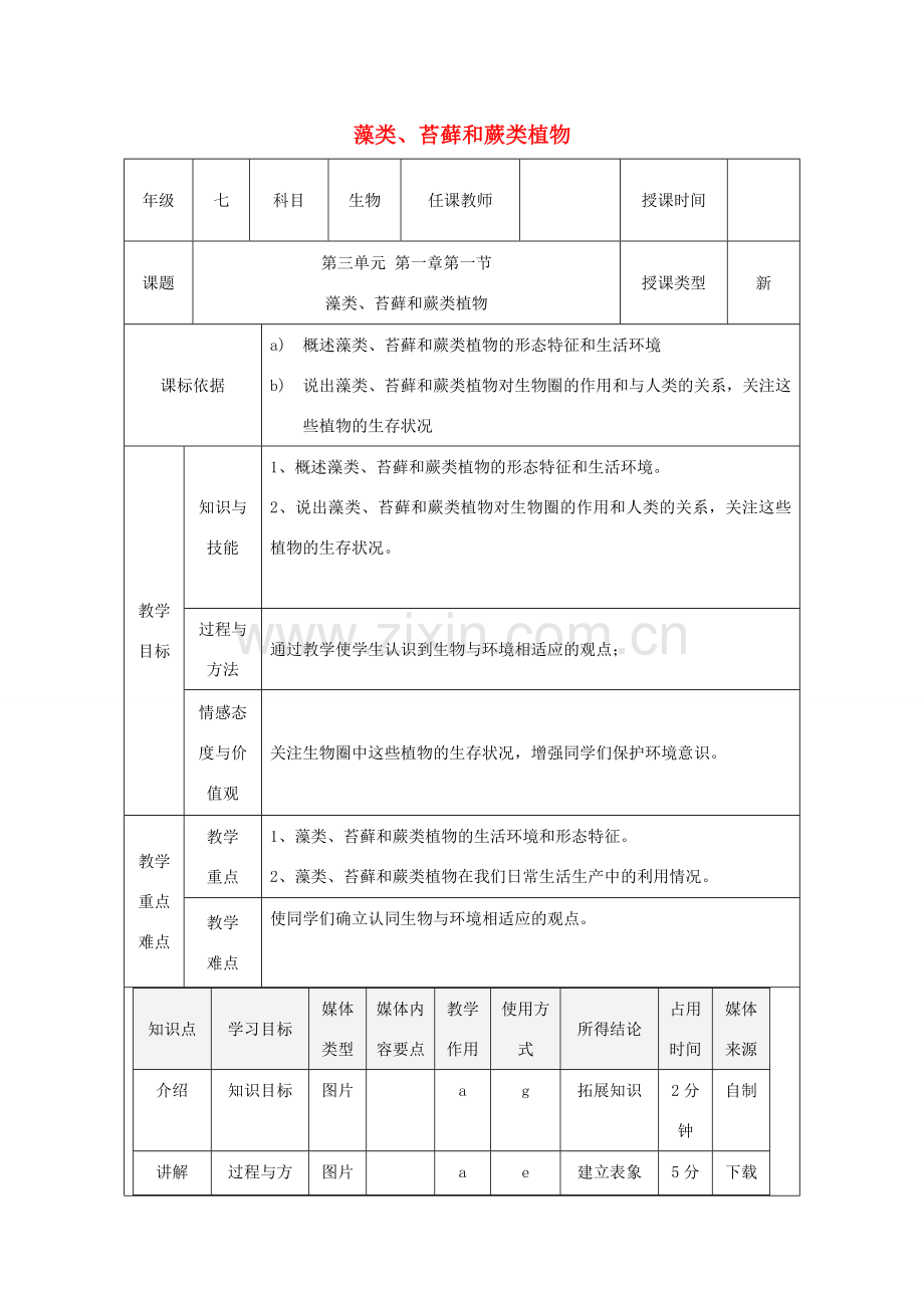 陕西省石泉县七年级生物上册 3.1.1藻类、苔藓和蕨类植物教案3 （新版）新人教版-（新版）新人教版初中七年级上册生物教案.doc_第1页