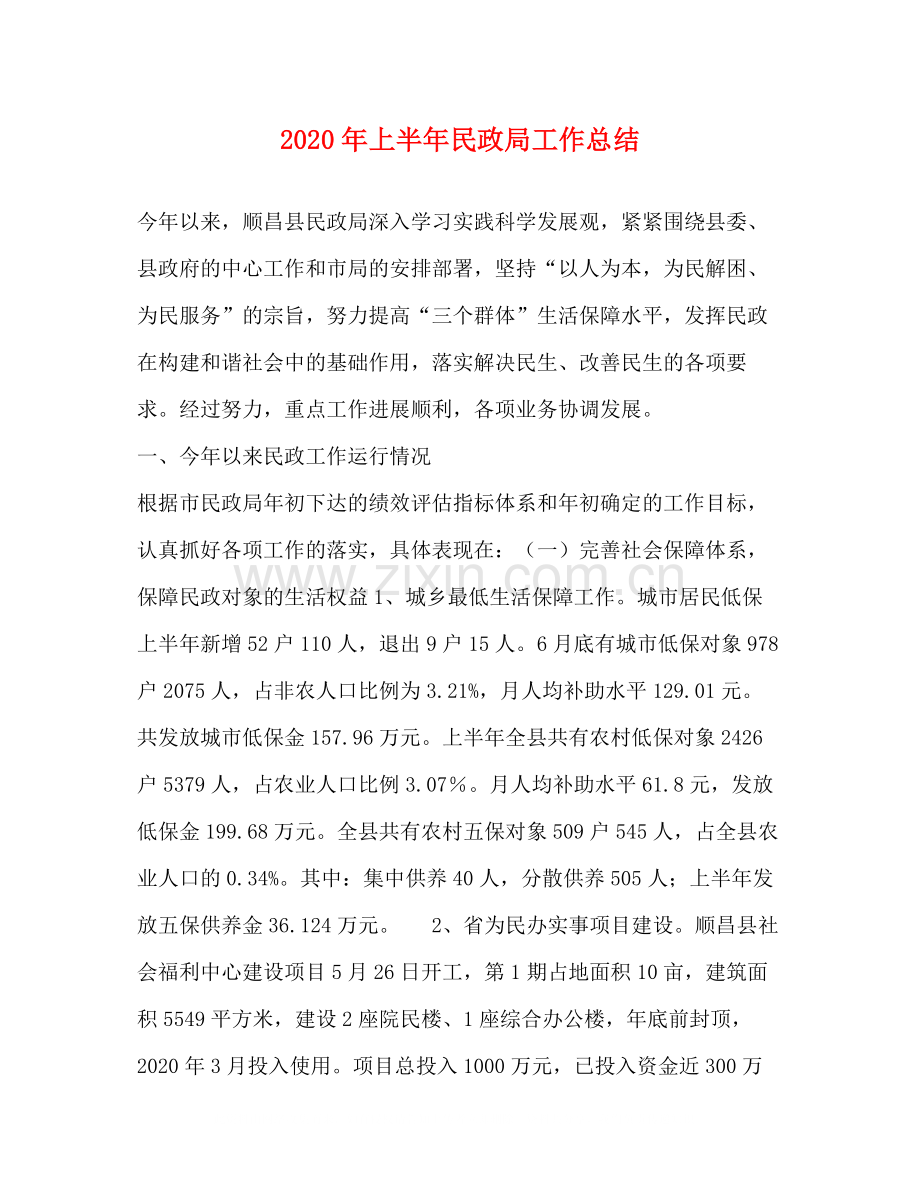 2020年上半年民政局工作总结.docx_第1页