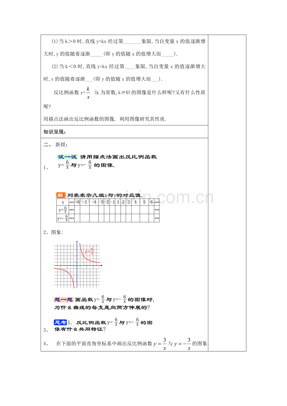 秋八年级数学上册 18.3 反比例函数 18.3.2 反比例函数的图像和性质（1）教案 沪教版五四制-沪教版初中八年级上册数学教案.doc_第2页