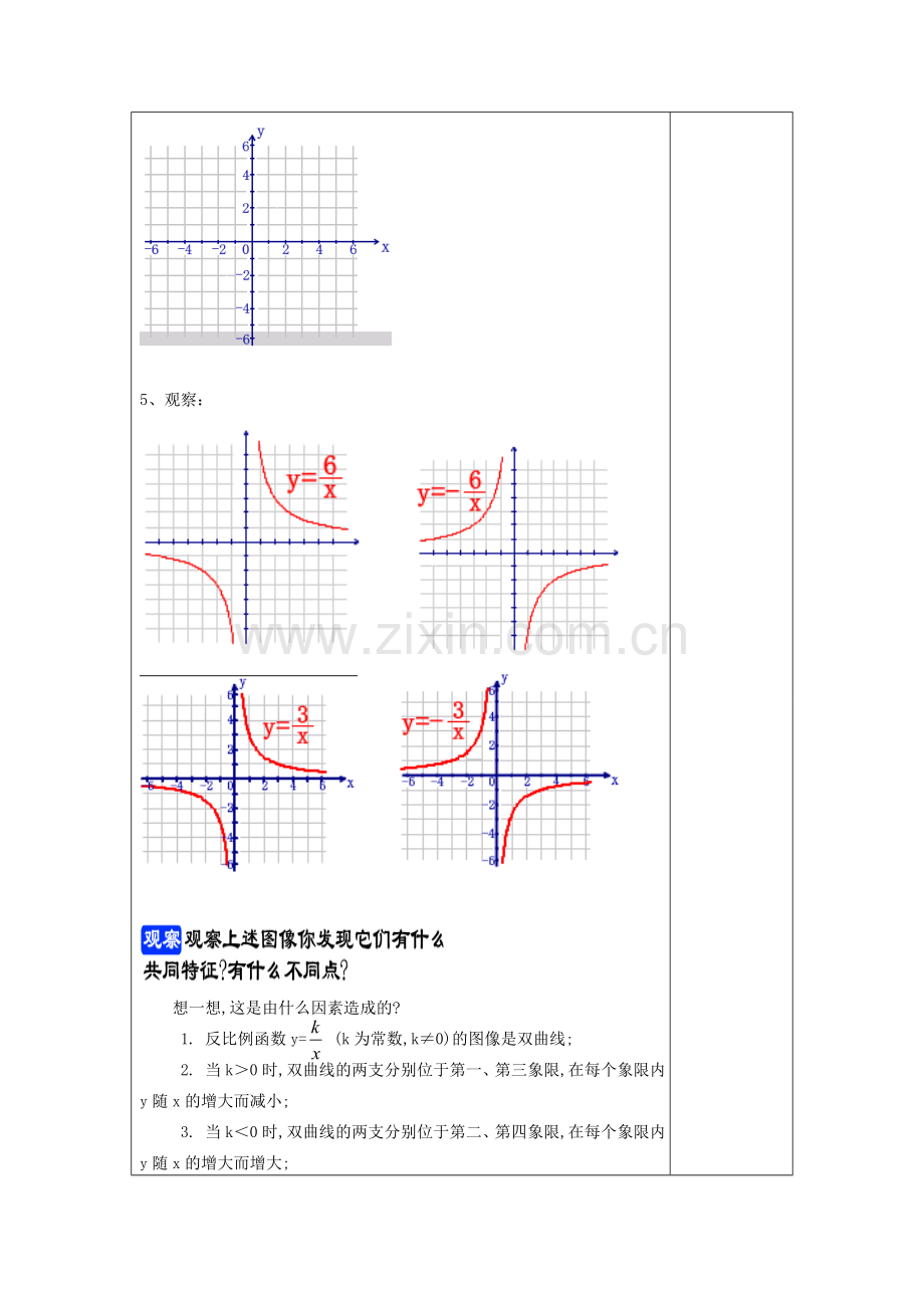 秋八年级数学上册 18.3 反比例函数 18.3.2 反比例函数的图像和性质（1）教案 沪教版五四制-沪教版初中八年级上册数学教案.doc_第3页