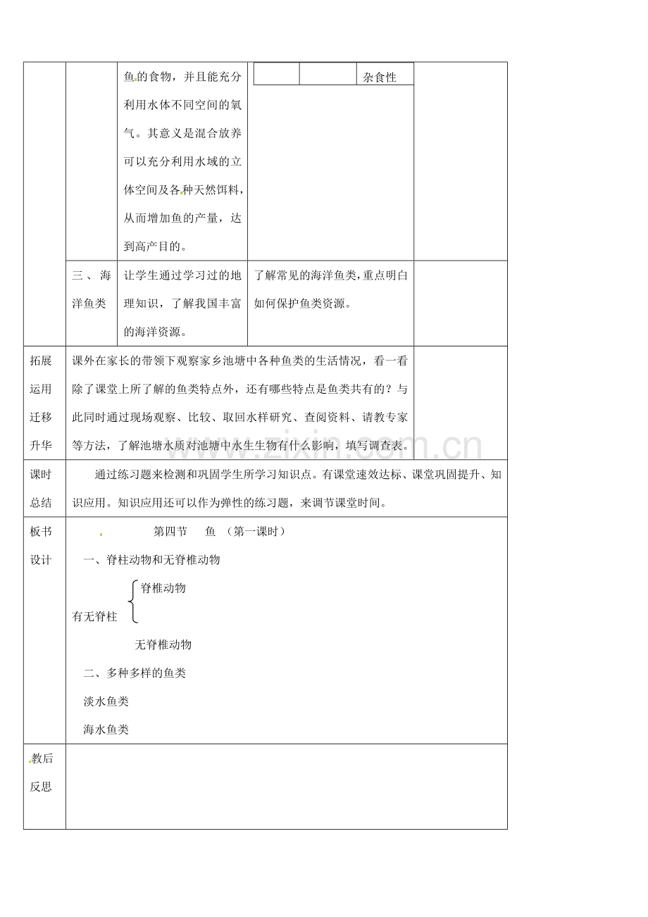 山东省宁阳县第二十五中学八年级生物上册《第五单元 第一章 第四节 鱼（第一课时）》教案 （新版）新人教版.doc_第3页