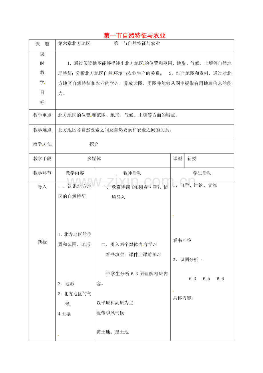 天津市宝坻区八年级地理下册 6.1 自然特征与农业教案 （新版）新人教版-（新版）新人教版初中八年级下册地理教案.doc_第1页