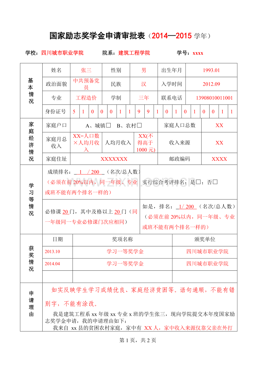 国家励志奖学金申请审批表(填报样表).doc_第1页