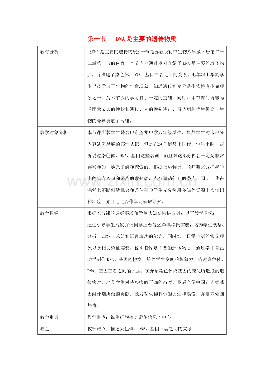 八年级生物下册 第八单元 生物的生殖、发育与遗传 第二十二章 生物的遗传和变异 第一节 DNA是主要的遗传物质教案2（新版）苏教版-（新版）苏教版初中八年级下册生物教案.docx_第1页