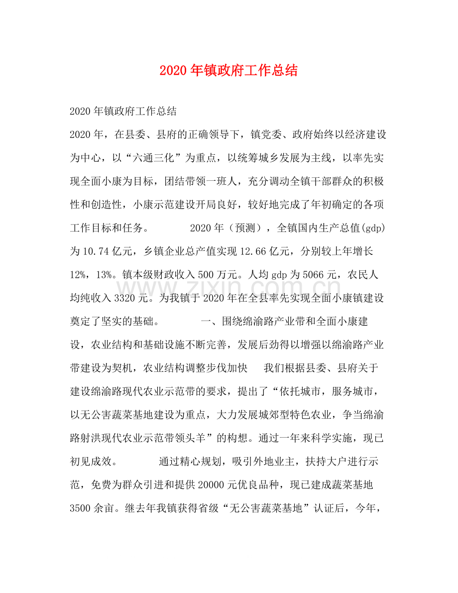 2020年镇政府工作总结.docx_第1页