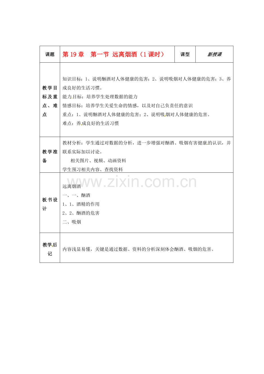 江苏省盐城东台市唐洋镇八年级生物上册《第19章 第一节 远离烟酒（1课时）》教案 苏教版.doc_第1页