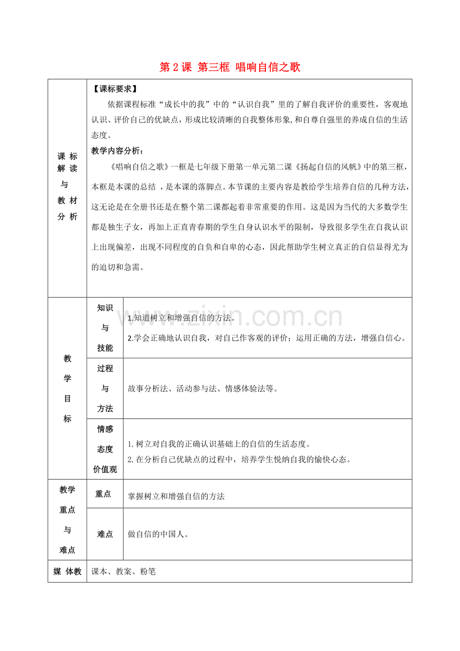 甘肃省武威第十一中学七年级政治下册《第一单元 第2课 第三框 唱响自信之歌》教案 新人教版.doc_第1页