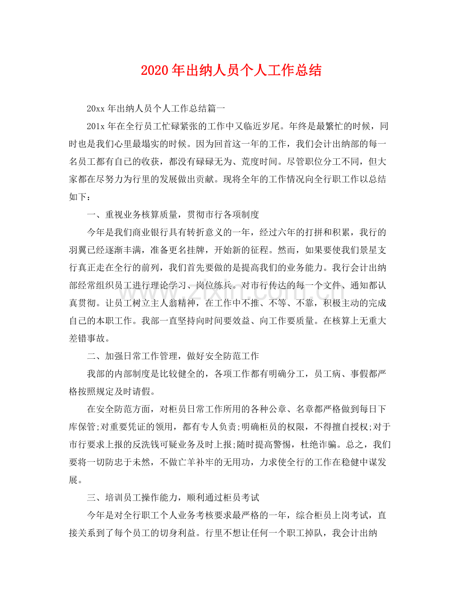 2020年出纳人员个人工作总结 .docx_第1页