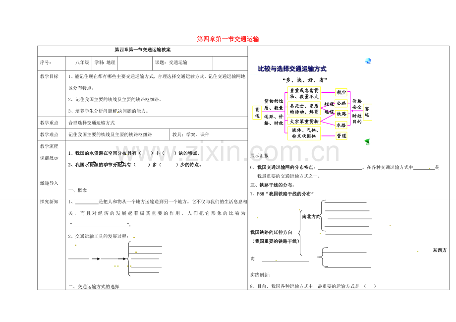 八年级地理上册 第四章 第一节 交通运输教案 （新版）新人教版-（新版）新人教版初中八年级上册地理教案.doc_第1页