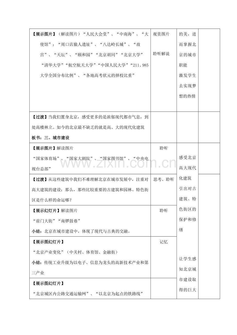 山东省八年级地理下册 第八章 第一节 北京市的城市特征与建设成就教学设计 （新版）湘教版-（新版）湘教版初中八年级下册地理教案.doc_第3页