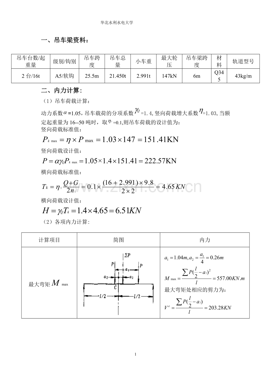 华北水利水电大学机械学院起重专业_吊车梁课程设计.doc_第1页